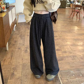 大码松紧腰格纹加厚毛呢休闲裤直筒阔腿裤胖mm遮跨显瘦裤子女长裤