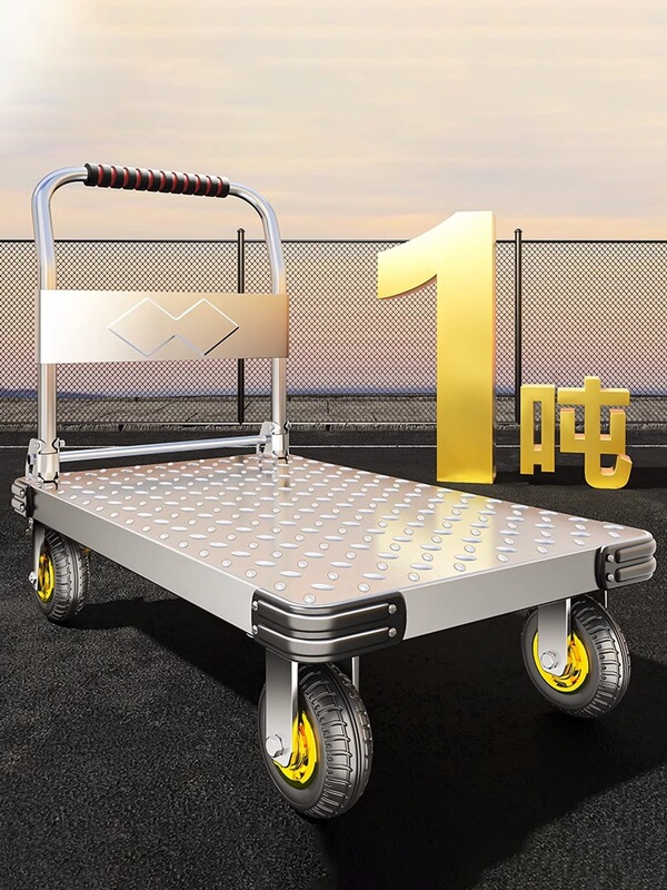 Steel Plate Trolley, Hand-Pushed Cart for Transporting Goods, Household Flatbed Cart, Portable Trailer, Folding Handcart, Hand-Pulled Cart
