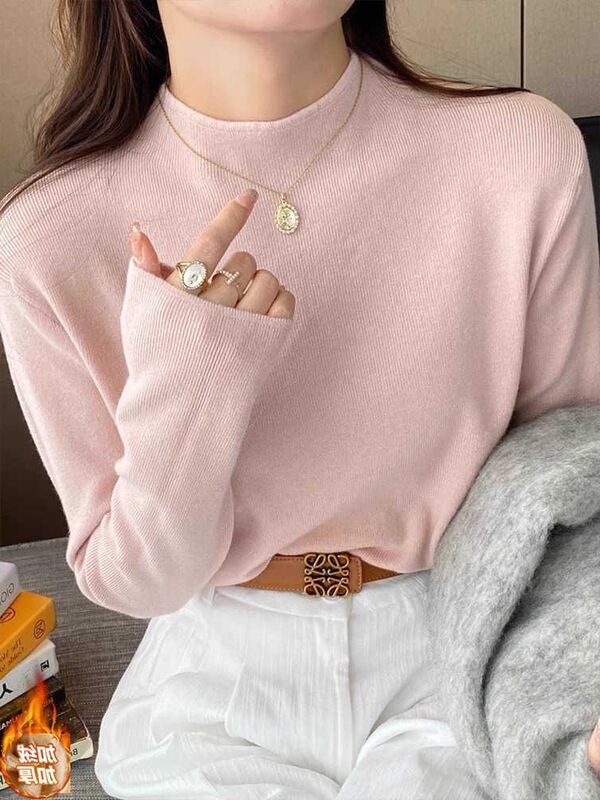 Light Pink Half Turtleneck Sweater for Women in Autum with High Quality and Non-Pilling Knitted Threaded Bottoming Shirt Top