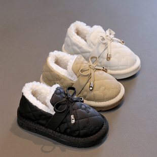 Girls' cotton-padded shoes 2023 Winter New bow slip-on fleece-lined warm peas shoes medium and small children's leather cotton-padded boots