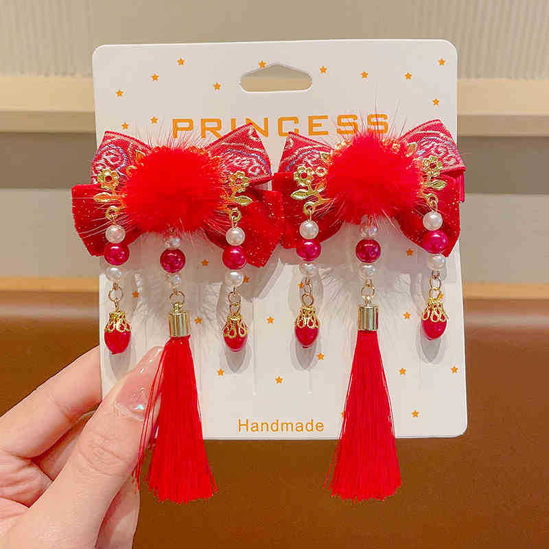 2024 otoño y invierno accesorios para el cabello de niños Año Nuevo pinzas de cabello rojas niñas estilo de Año Nuevo tarjetas de cabello de estilo chino antiguo niñas toques de ropa de estilo chino