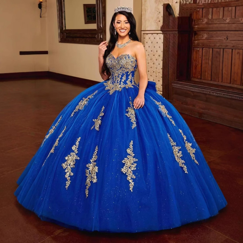 Gold Lace Appliques Quinceanera Dresses Puffy Strapless Tube Top Tulle Ball Gown Glitter Princess Dress Gowns Gold Lace Appliques Quinceanera Dresses Puffy Strapless Tube Top Tulle Ball Gown Glitter Princess Dress Gowns