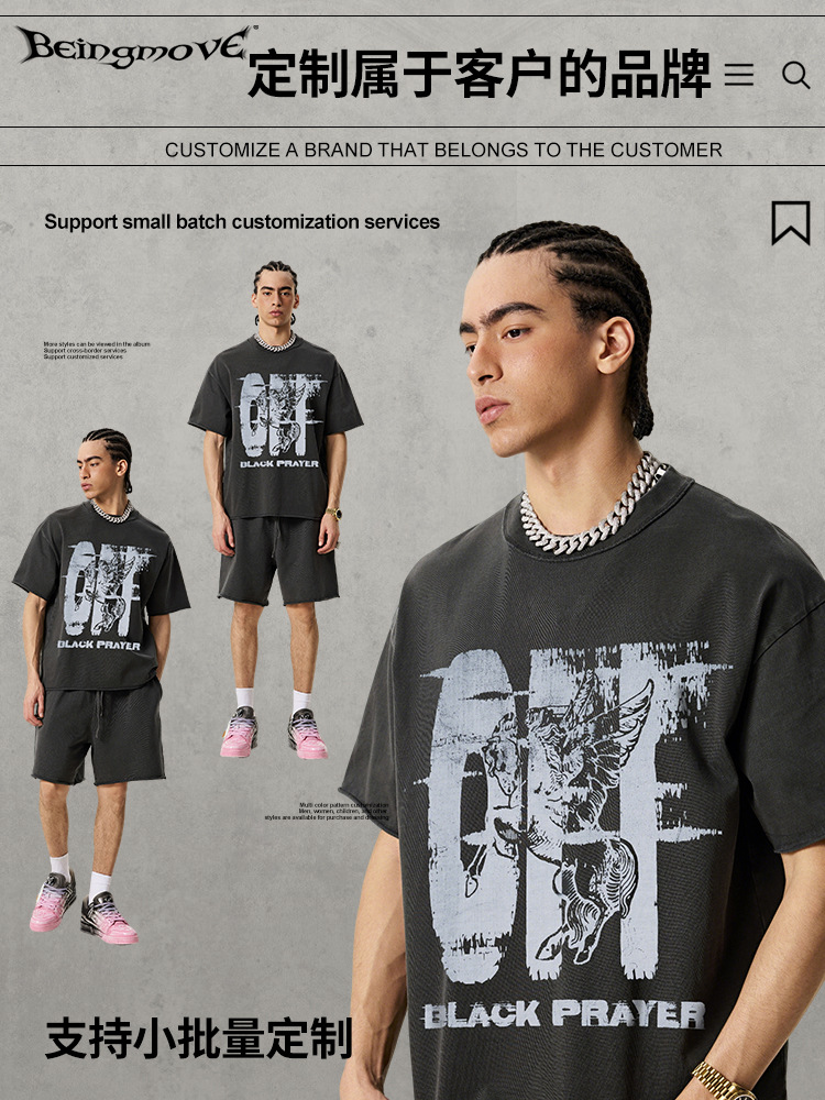 Calle secada| Marca de moda de la calle europea y americana, viento oscuro, camiseta impresa Pegasus Retro para hombres de manga corta lavados con agua