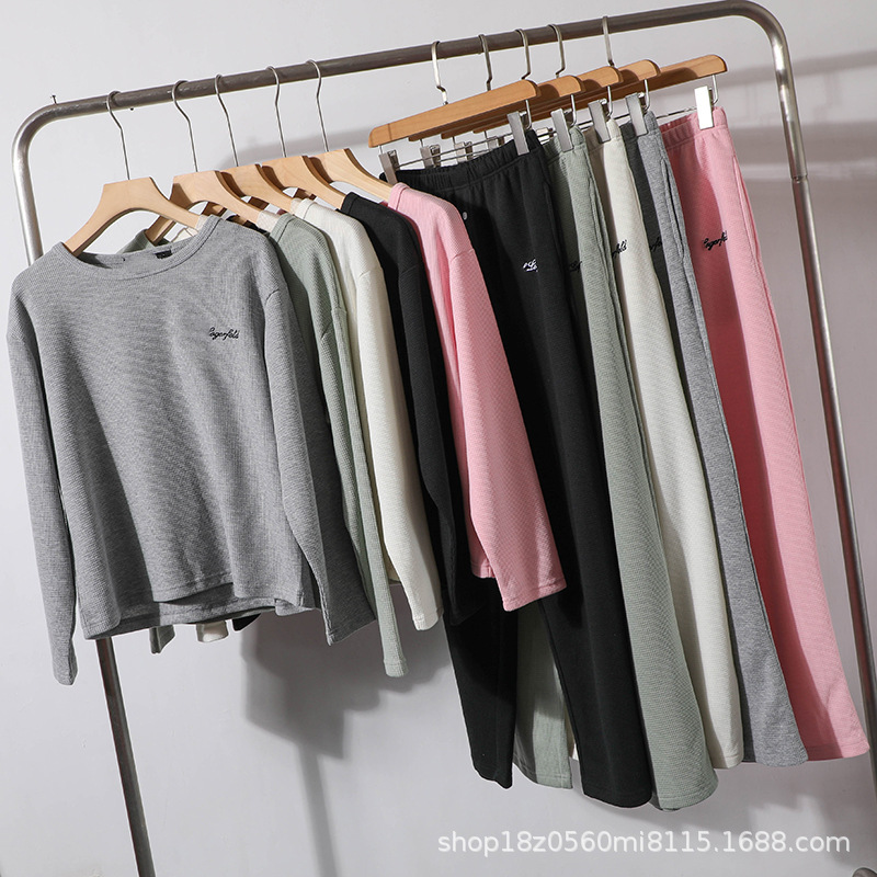 美系K尔~女士华夫格棉宽松长袖长裤运动休闲居家套装1953