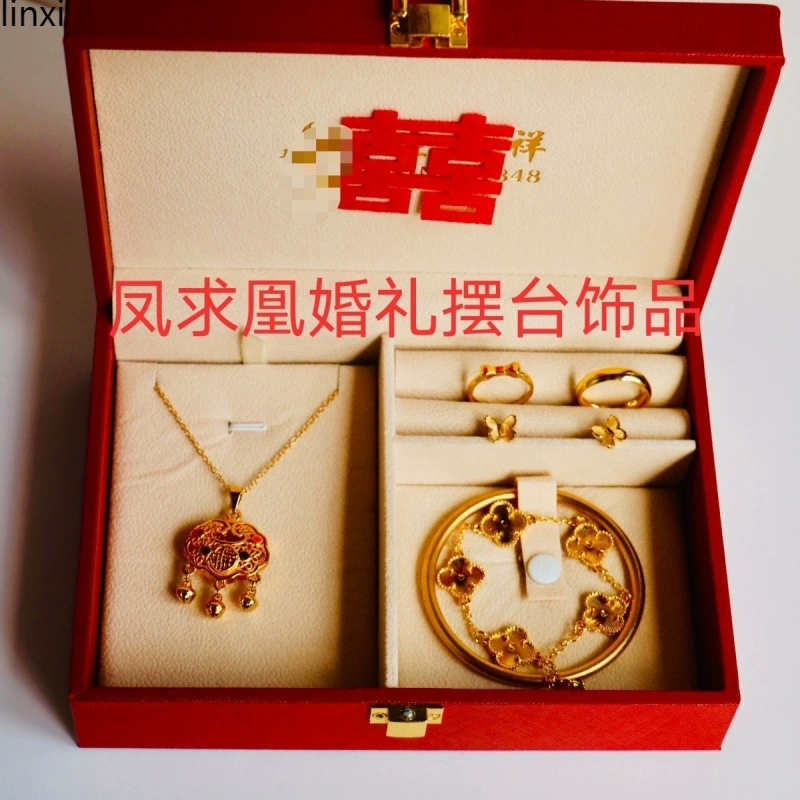 Аутентичные [Ювелирные изделия + Подарочная коробка] Свадебные помолвочные три золотых украшения Фурнитура Обручальное кольцо Ожерелье Браслет Комплект ювелирных изделий.