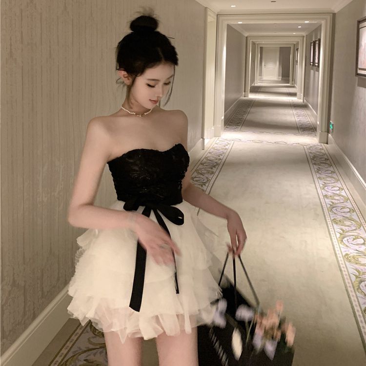 Design three-dimensional rose sequins stitching mesh puffy princess dress tube top dress dress X5755