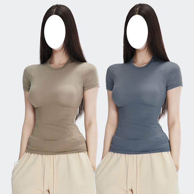 半袖春夏スリムフィット伸縮性右肩タイトピンクTシャツ半袖トップス女性用|undefined
