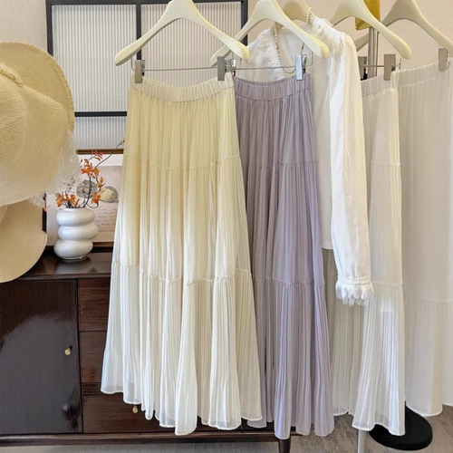 Rain and mist wisteria pleated gentle skirt Spring and autumn new loose large skirt A-line long dress all-match skirt for women