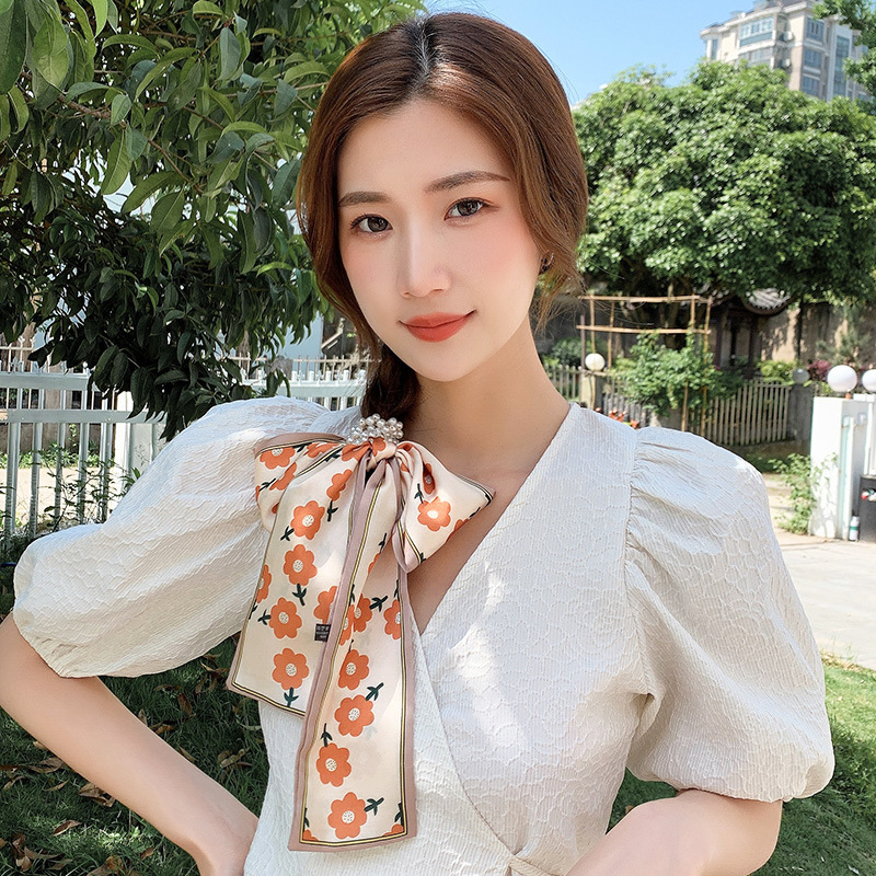 Banda de pelo de bufanda de seda para mujer corbata de pelo fino de verano de perlas cinta de arco Hada cuerda de pelo de todo fósforo estilo coreano accesorios para el cabello al por mayor