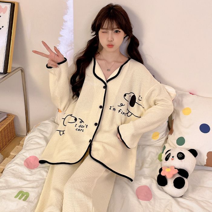 Transfronterizo al por mayor otoño y invierno de algodón waffle lindos cardigans pantalones de manga larga calentamiento ropa de hogar conjunto pijamas mujeres