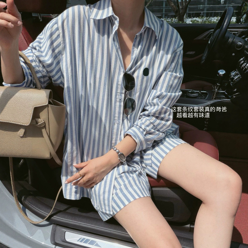 Order-Based Linen Striped Shirt and Shorts Set for Women, Summer Thin Sun-Protective Jacket, Casual Versatile Pants, in Stock Order-Based Linen Striped Shirt and Shorts Set for Women, Summer Thin Sun-Protective Jacket, Casual Versatile Pants, in Stock