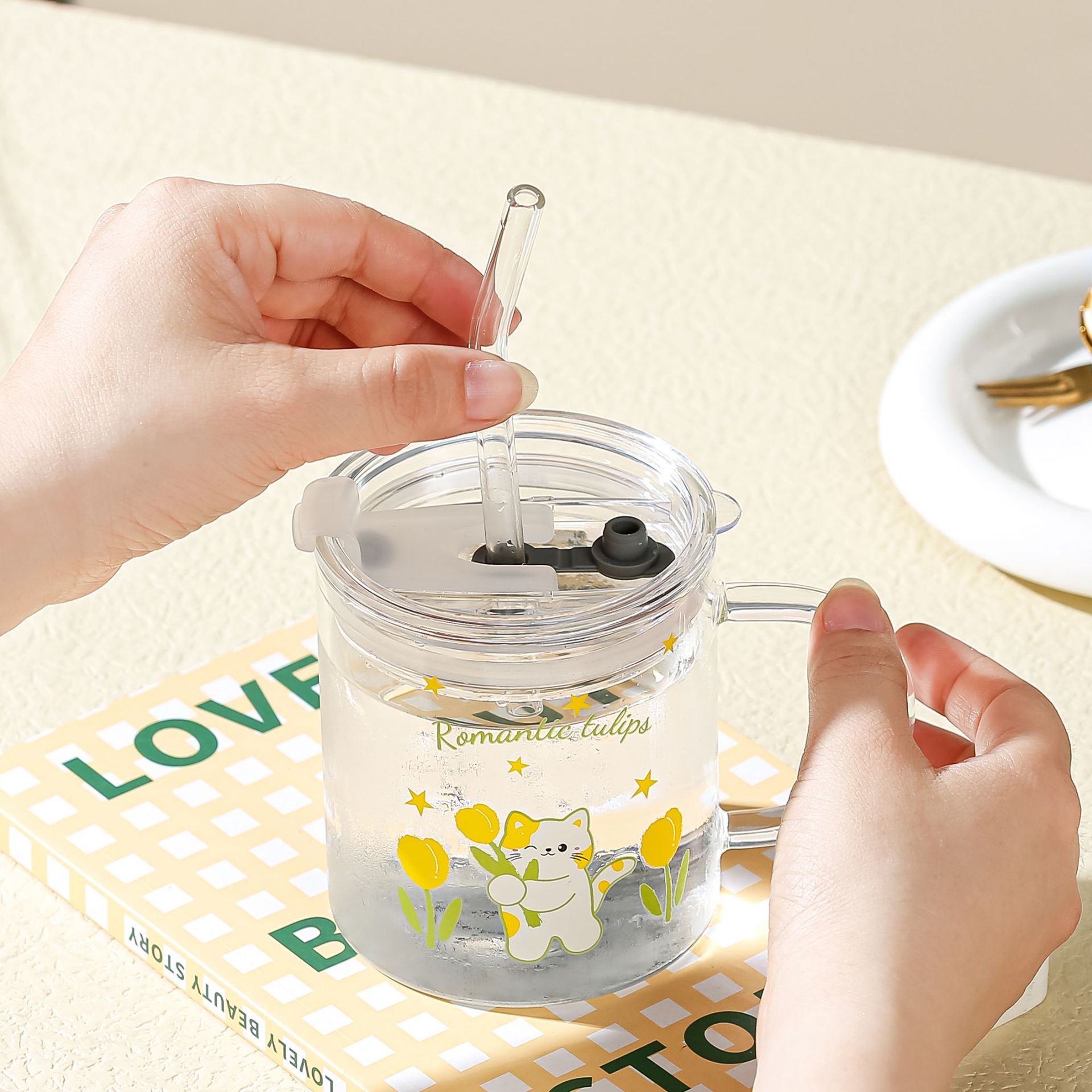 Chica creativa corazón tulipán paja de vidrio con tapa escala regalo desayuno lindo gato taza leche