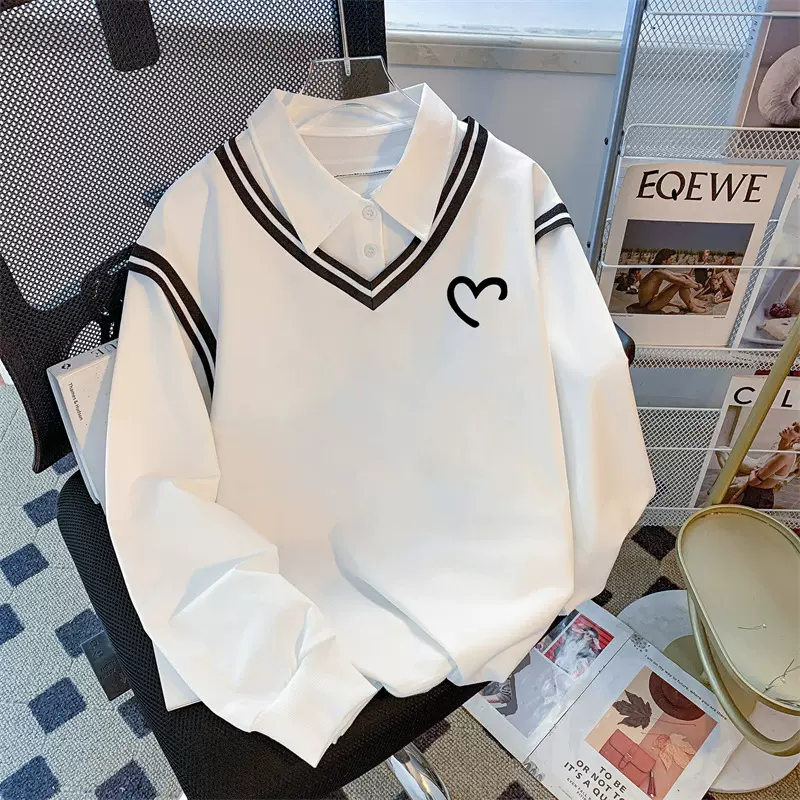 2024秋季拼接polo小众设计高级感长袖卫衣女宽松显瘦百搭上衣小众