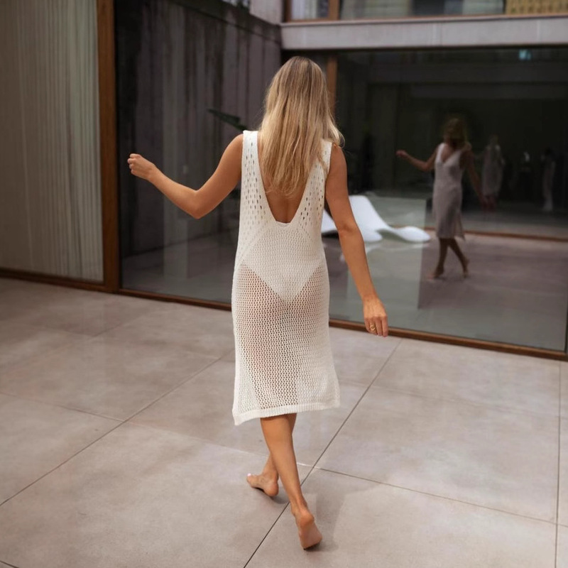 Cross-Border Knitted Women's Clothing Cross-Border Summer New Knitted Hollow Slit White Beach Dress
