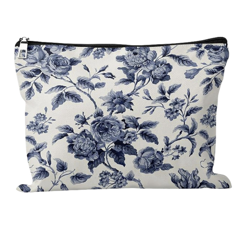 Bolsa de cosméticos transfronteriza de Amazon, bolsa de lavado personalizada, porcelana azul y blanca, flor de rosa, impresión de doble cara, fábrica de viajes al por mayor