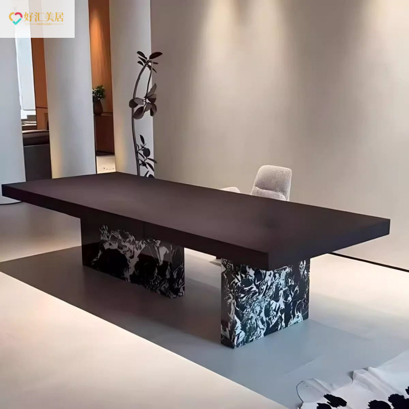 Italian Minimalist Solid Wood Designer Slate Tea Table Black and White Flower Creative Art Dining Table Villa Tea Table Simple
