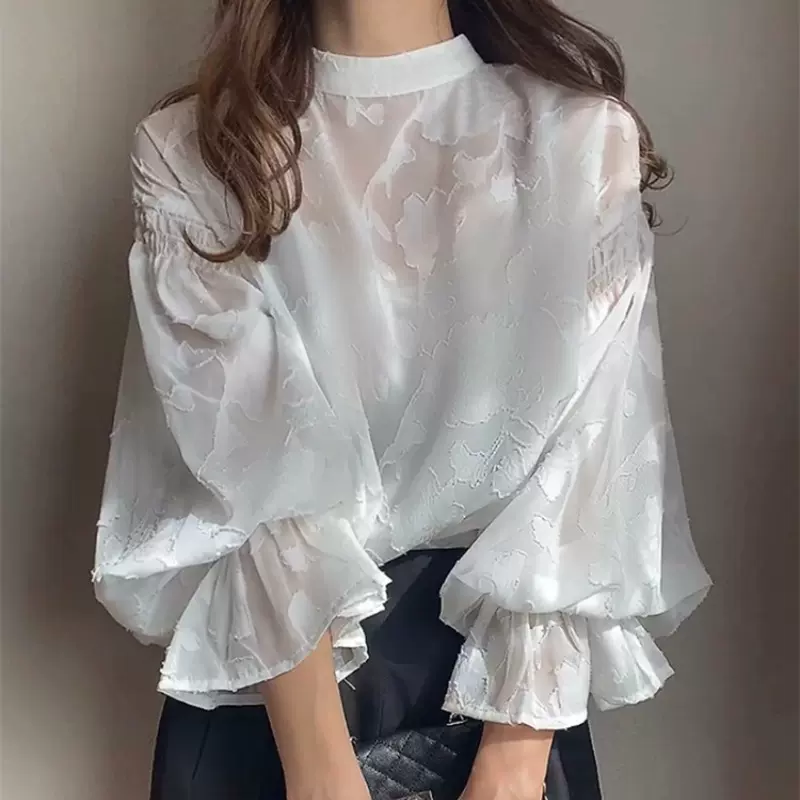 现货外贸长袖春秋冬蕾丝雪纺衫衬衣衬衫女2025春秋季新款宽松上衣