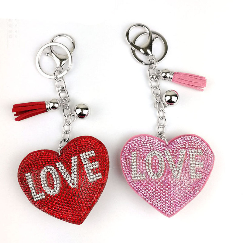Self-produced stable supply new Korean velvet diamond-encrusted LOVE heart keychain ladies bag accessories