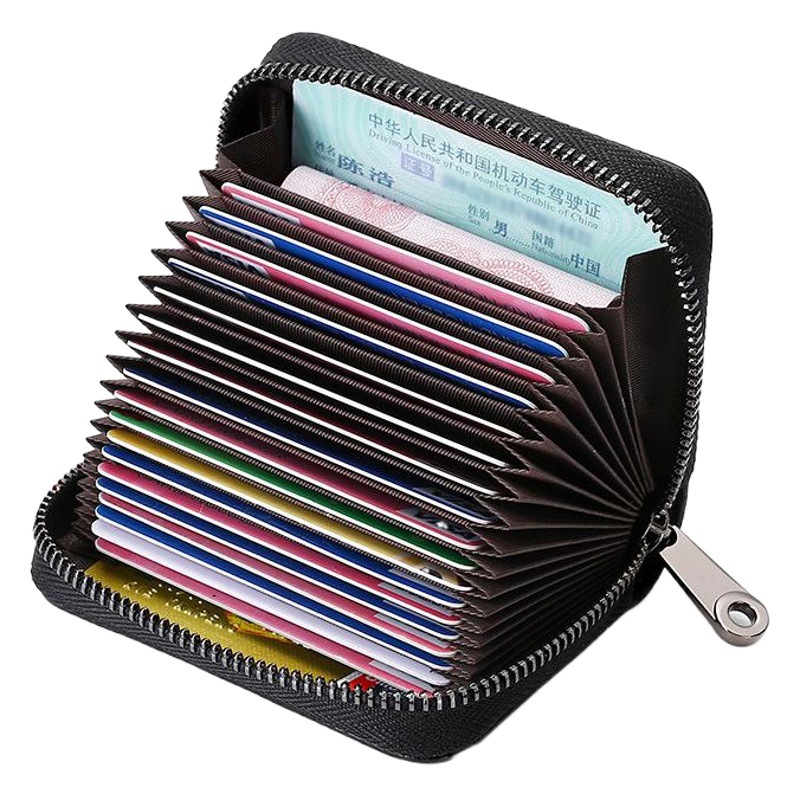 Rfid盗難防止ブラシ消磁防止牛革カードバッグレディース本革ジッパー銀行カードカバーマルチビット大容量カードクリップ