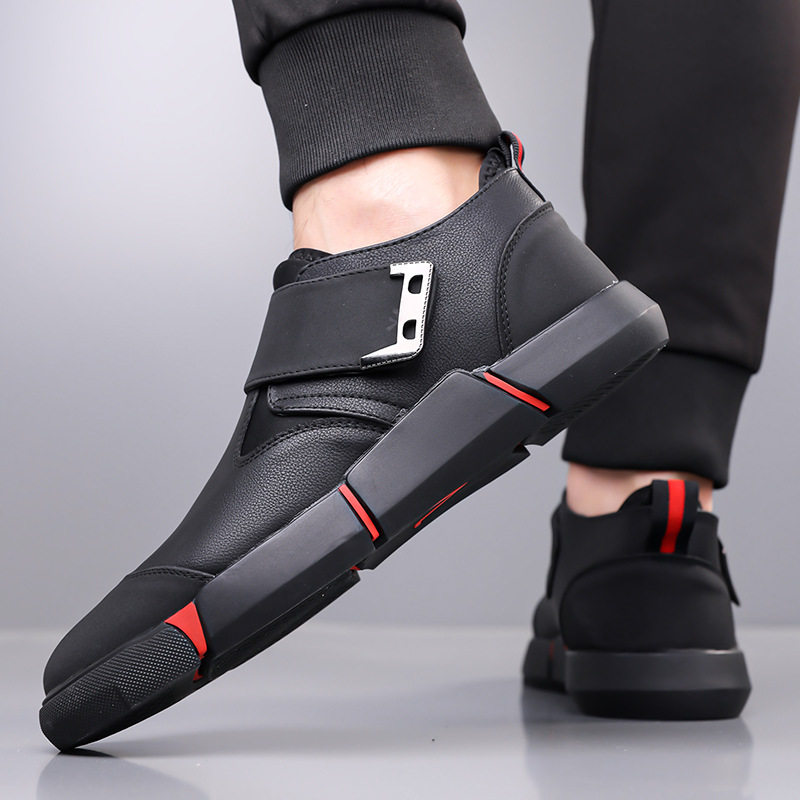 Giày lười nam da PU mũi tròn khóa Velcro chống trượt, đế cao 3 cm — Kaki, Màu đen