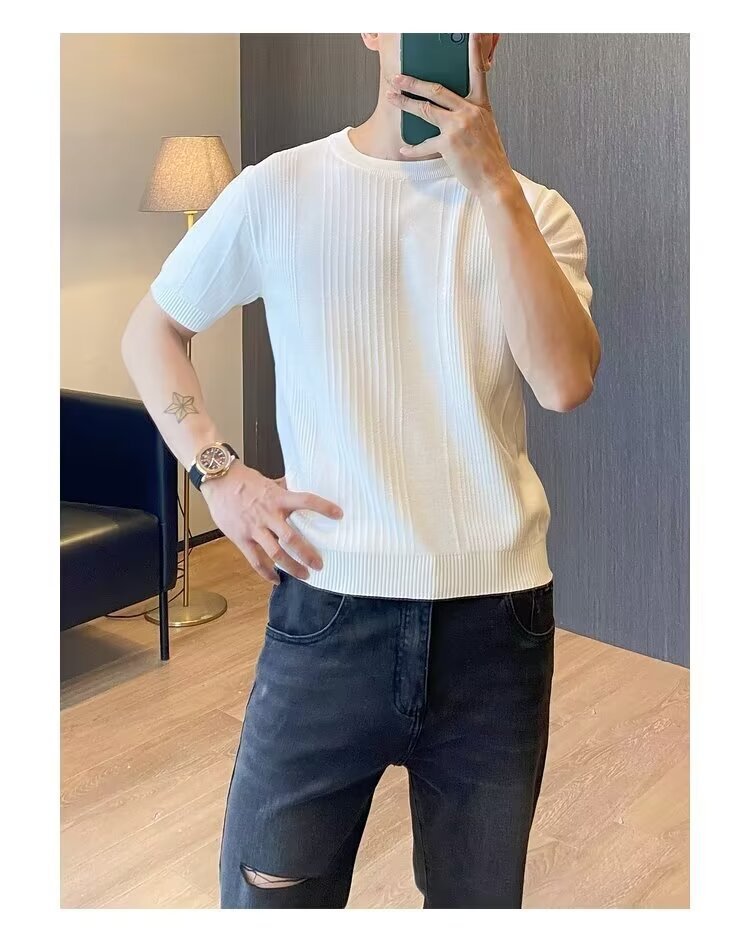 Men's Slim Fit Ice Silk Knit T-Shirt Short Sleeves Round Neck Summer Style Vertical Stripes Mature Simple Design_viptrois.com