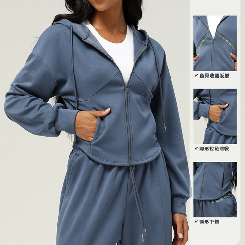 Autumn/Winter New Sports Windbreaker Zipper Hooded Casual Open Knit Sweatshirt with Pockets Loose Yoga Top for Women