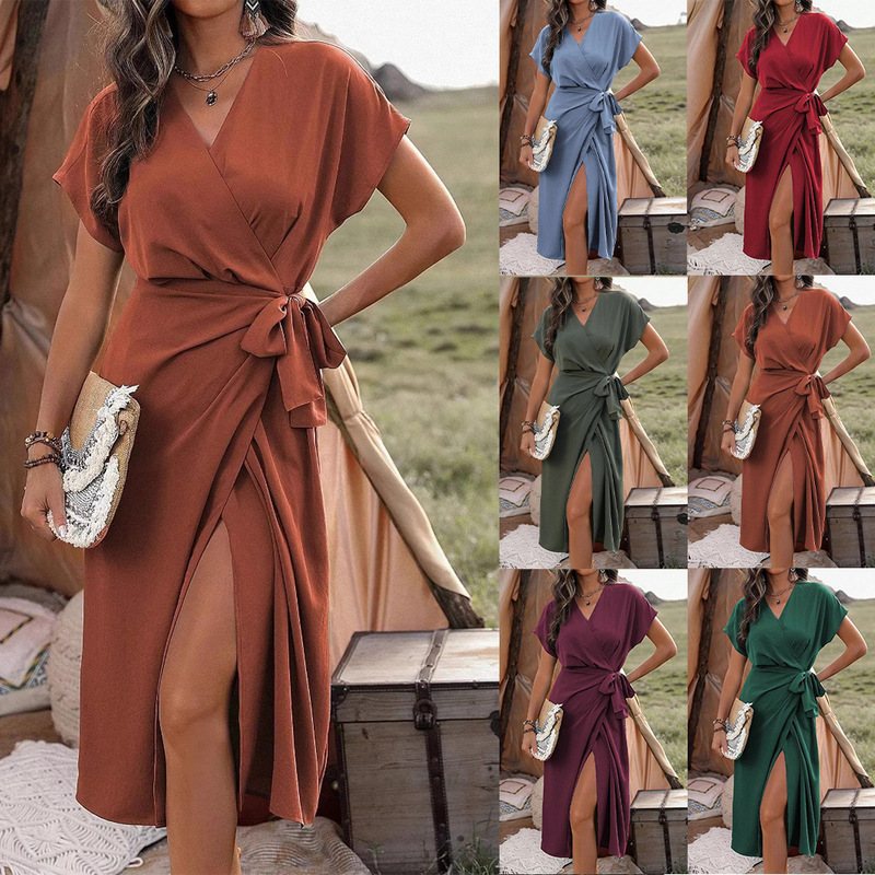 2025 Summer New Dress Amazon Commuting Fashion Forged Slit Women's Solid Color Wrap Tie Skirt