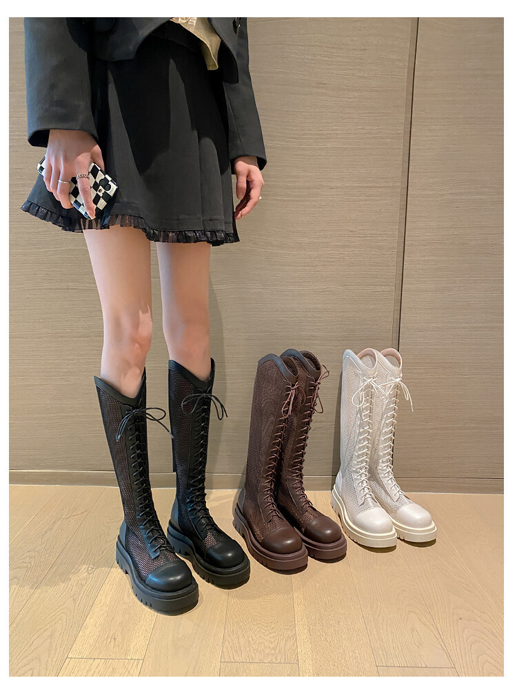 Boot lưới da thật cổ cao đế dày thoáng khí mùa xuân hè phong cách kỵ sĩ buộc dây — Màu nâu ống lớn, Màu đen cổ ống lớn, Ống nhỏ màu đen, Ống nhỏ màu be chi tiết 58