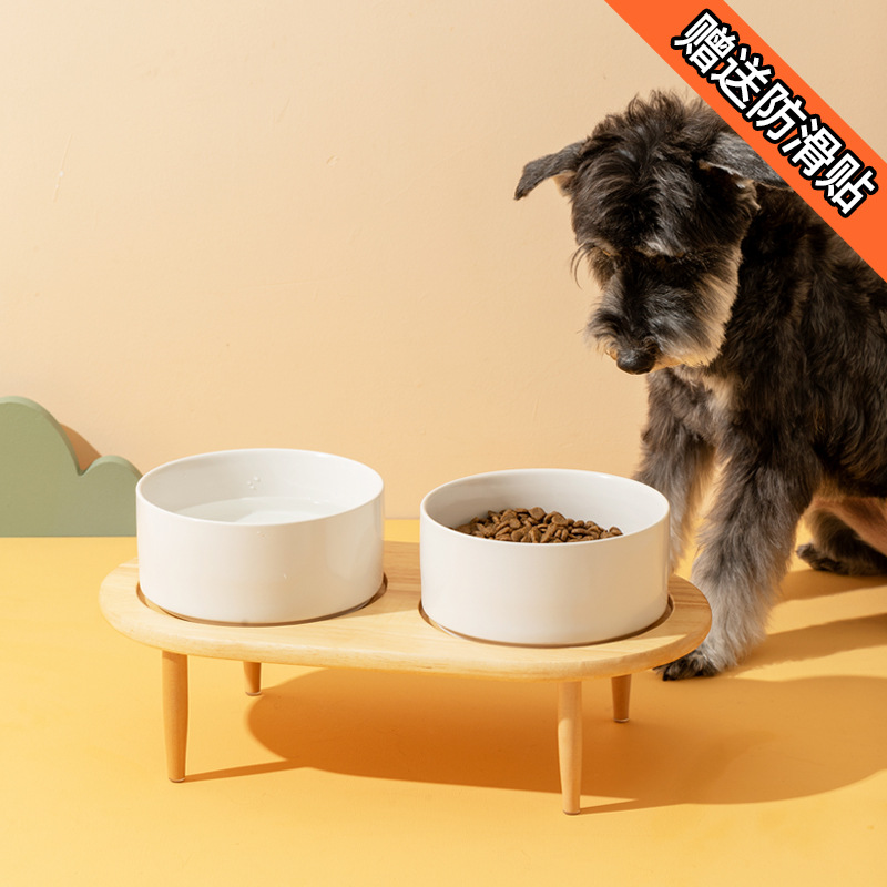 Comedero para mascotas, tazón para comida de gatos, tazón doble de cerámica, tazón para perros, tazón para gatos, dispensador de agua que protege el cuello, tazón de arroz de acero inoxidable