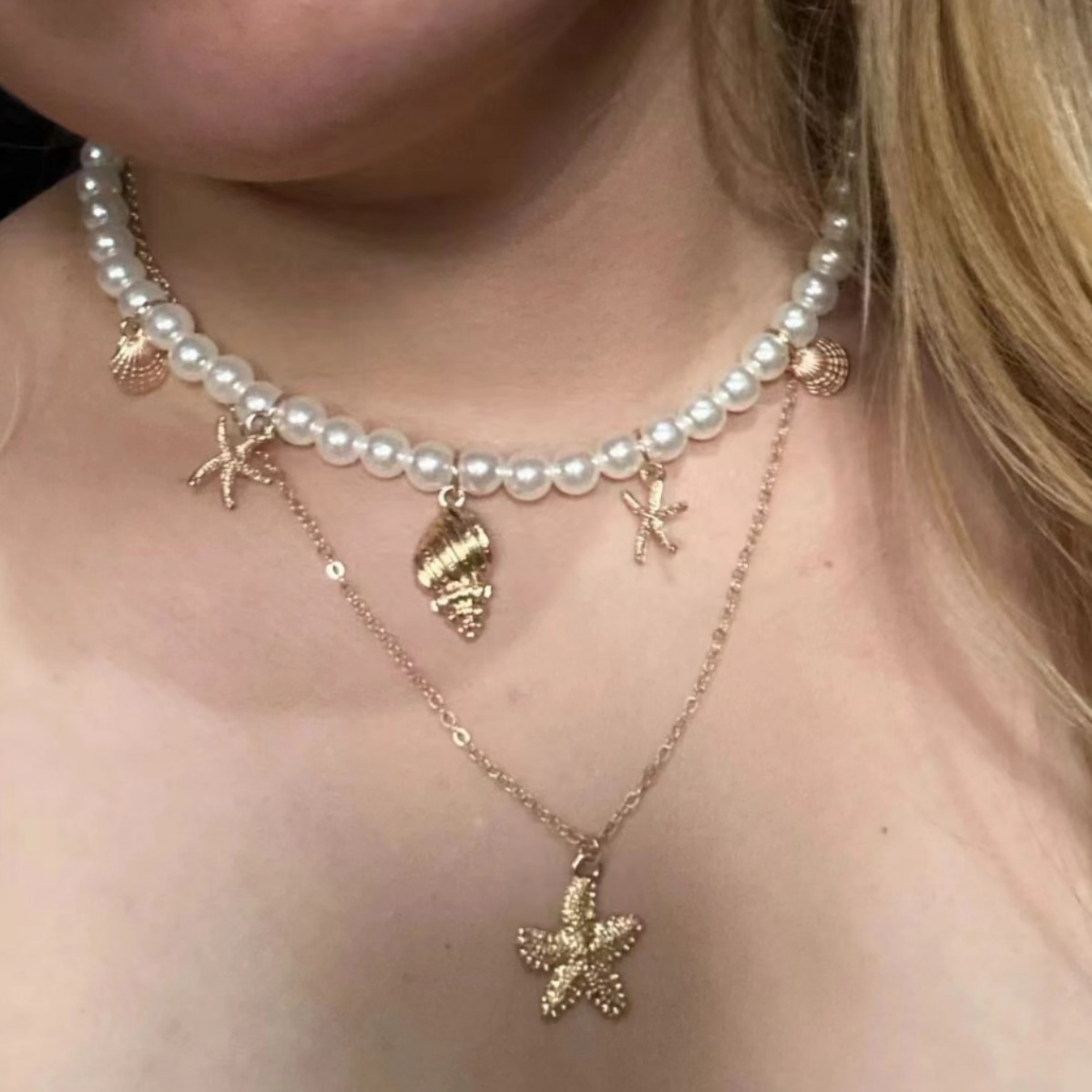 欧美跨境饰品串珠项链沙滩仿珍珠项饰海星贝壳复古度假风necklace