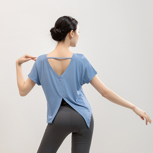 Yoga wear short-sleeved T-shirt women's summer beauty back slit blouse loose running sports fitness top dance practice clothes