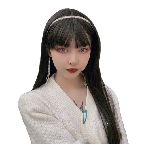 Wig women's long hair crystal tassel headband U-shaped mesh half headgear long straight hair removable headband half headgear wholesale