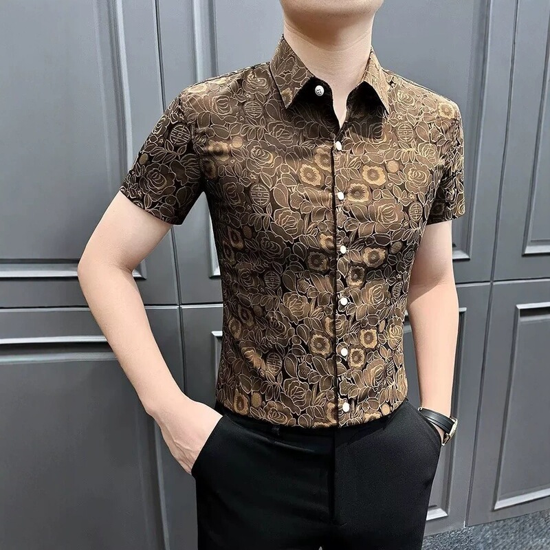 Business Casual Printed Shirt for Men, Short-Sleeved, Summer, Silky Drape, British Style, Gentlemanly, Stylish, Commuter Shirt