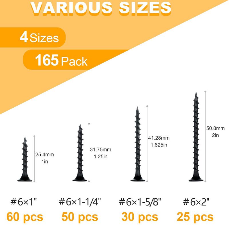 Drywall Screw Set # 6 Black Wood Screws Suitable for Drywall, 165-Piece Coarse Thread Slate Screw Set Drywall Screw Set # 6 Black Wood Screws Suitable for Drywall, 165-Piece Coarse Thread Slate Screw Set