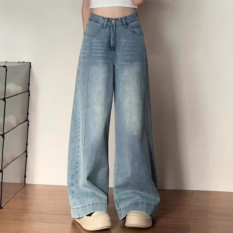 复古牛仔阔腿裤女夏季新款大码胖mm宽松显瘦梨形身材垂感直筒裤子