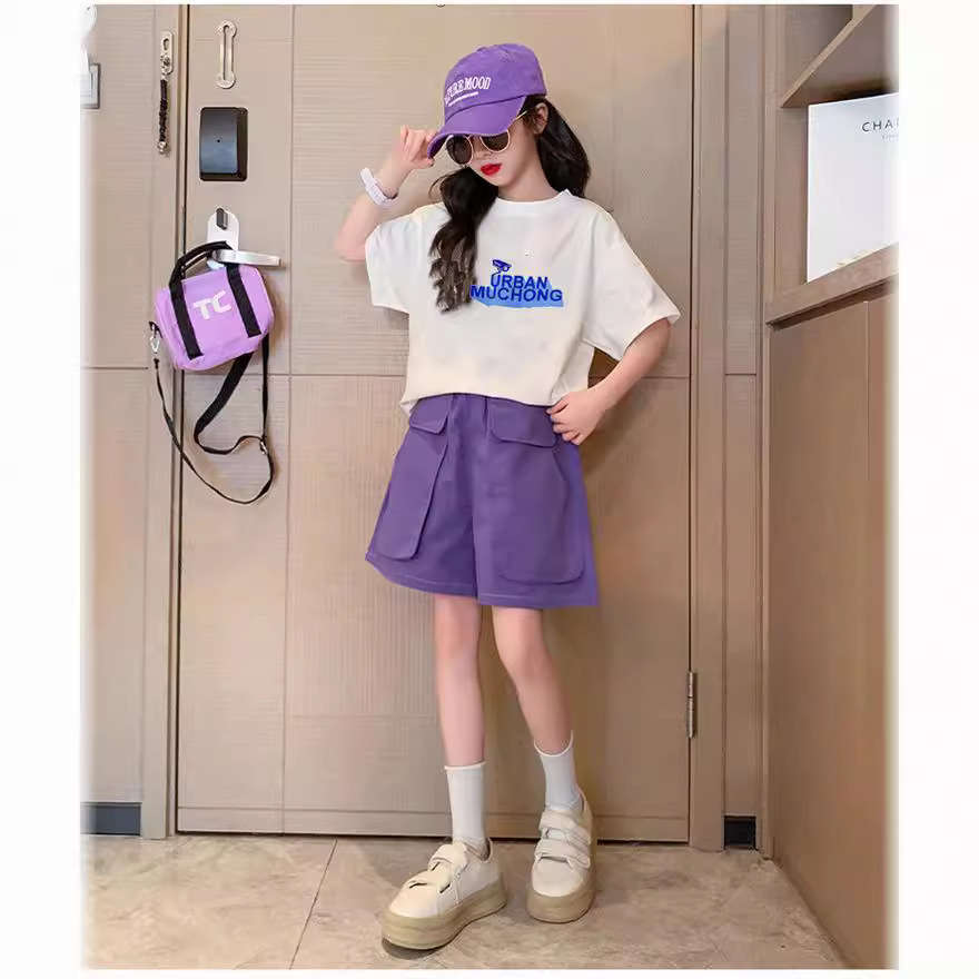 Traje deportivo para niños de niñas de verano estilo occidental de moda para niñas manga corta Internet celebridad pantalones cortos de moda para niños traje de dos piezas