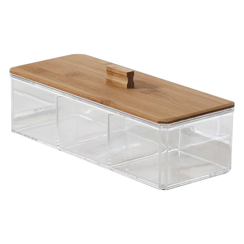 Caja de almacenamiento de hisopo de algodón acrílico Caja de almacenamiento de cristal de algodón cosmético de estilo europeo cubierta de madera transparente caja de organización de hisopo de algodón de escritorio