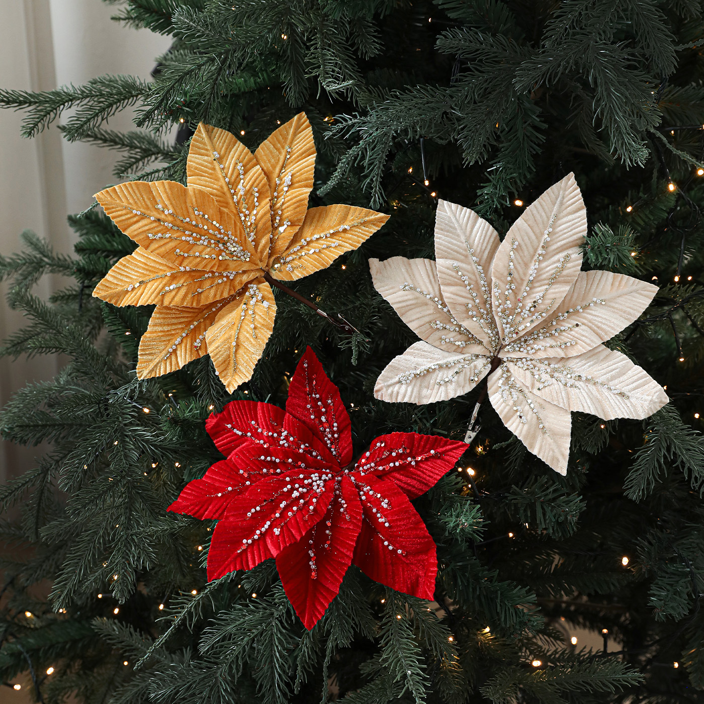 Nuevos productos de flores de Navidad hojas de flores de alta calidad polvo pegajoso perla hojas de adornos de decoración de Navidad flores simuladas