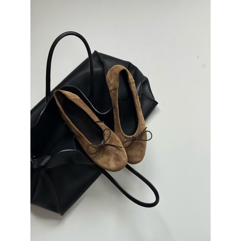 Giày búp bê Mary Jane da lộn mũi tròn đính nơ gót thô thấp — Khaki (da lộn), Màu nâu (da lộn), Màu đen (da)