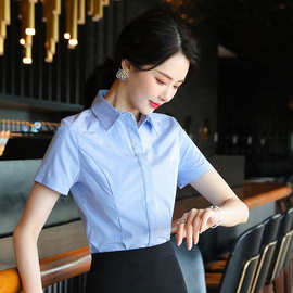 竹纤维气质暗扣蓝色条纹短袖单排扣开衫气质职业装女士衬衫上衣女