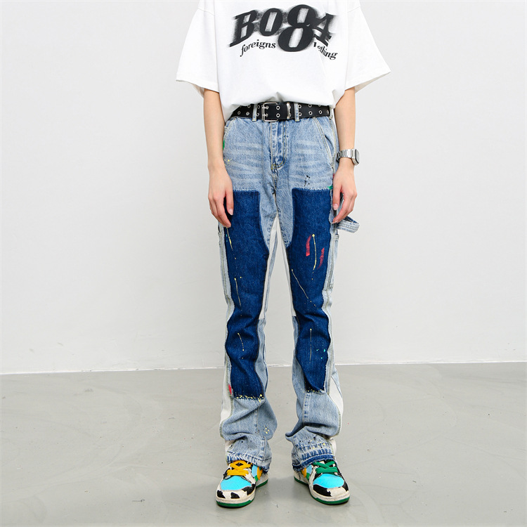 Herrenbekleidung High Street Washed Old Ink Splash Retro Functional Deconstructed Jeans Lose Gerade Freizeithose für Herren_voghion.com