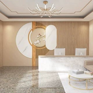 3d新中式简约木格栅背景墙壁纸美容院按摩理疗采耳店前台logo墙纸