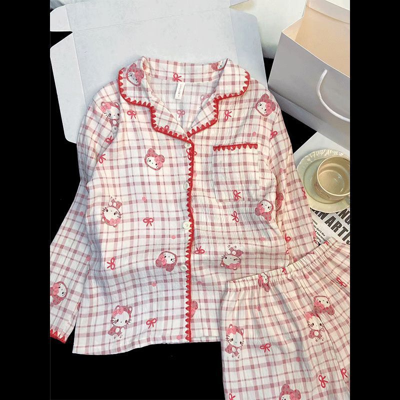 带胸垫睡衣女春秋云朵棉开衫长袖长裤学生卡通可爱家居服两件套薄|undefined