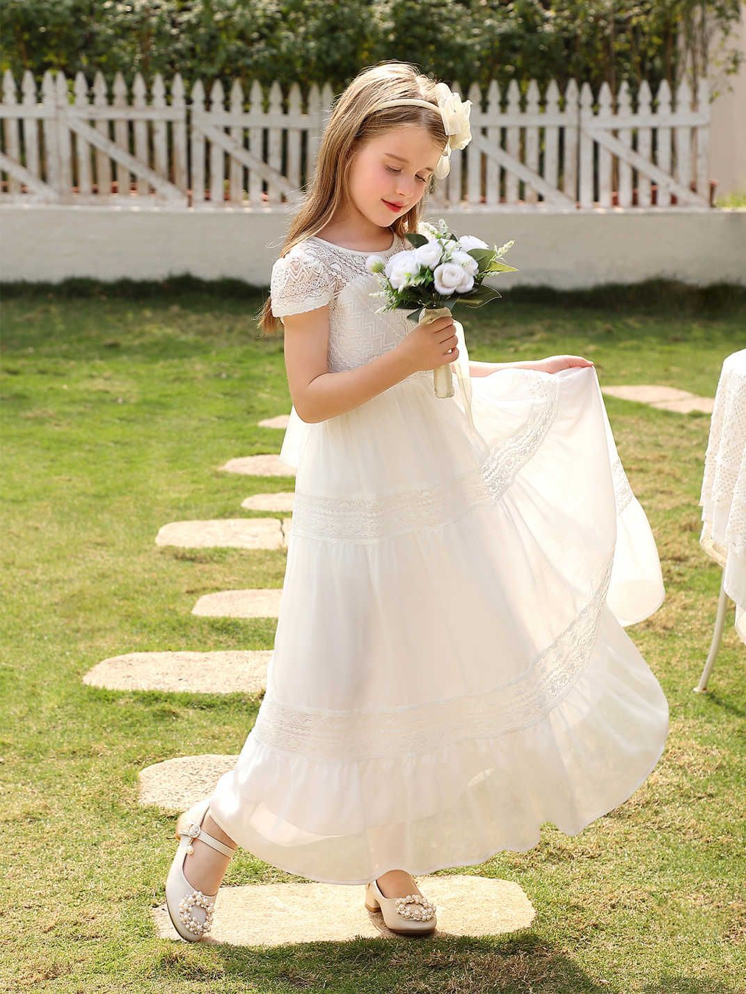 Vestido de princesa para niñas, vestido blanco elegante de manga corta, vestido largo, ropa infantil transfronteriza, vestido de niña para actuaciones, vestido de niña de las flores, vestido de boda