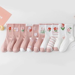 Pink floral edge women's spring mid-calf socks, Ins trendy versatile long socks for students and sports, cute flower socks