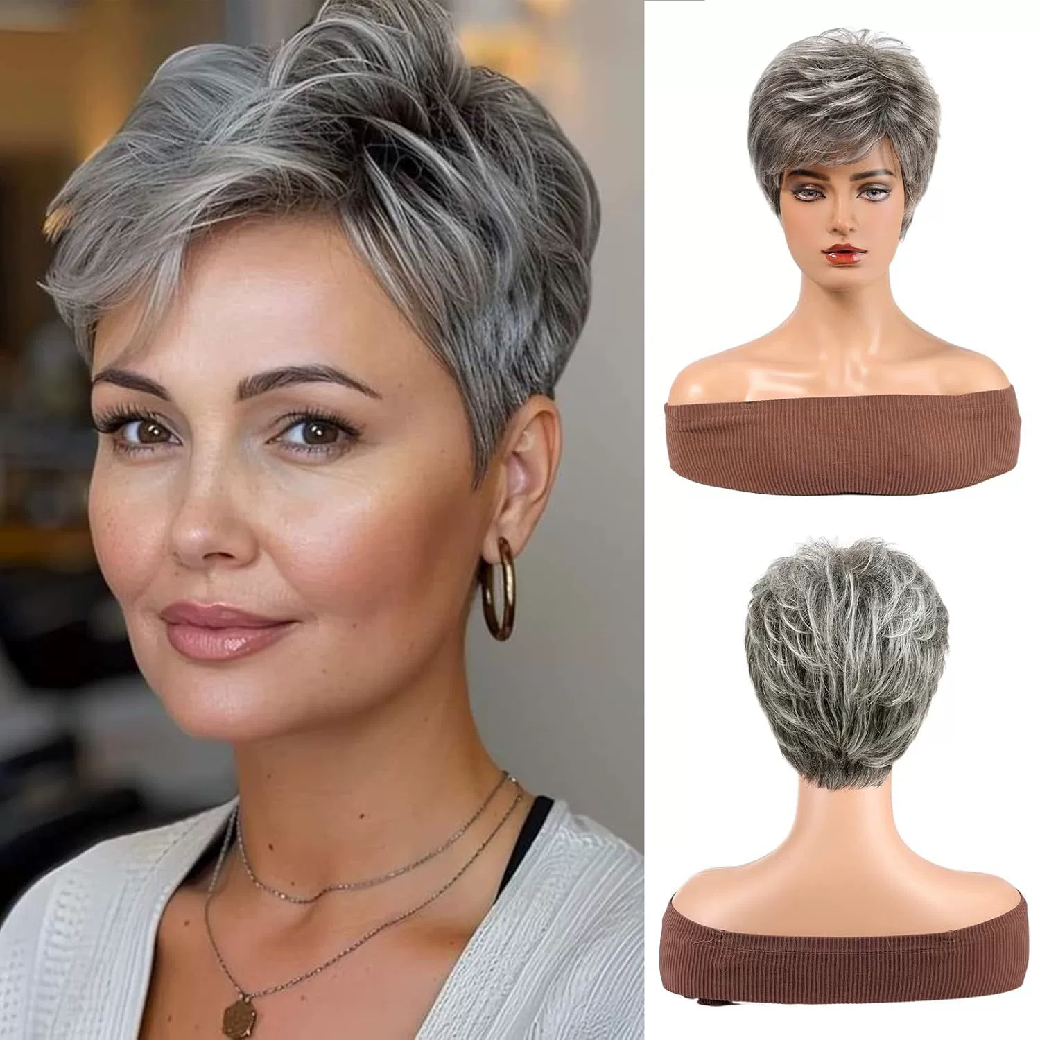 Short Pixie Cut Human Hair Blend Wig, Lightweight Heat Resistant for Women pixie cut human wig - 6 main image 3