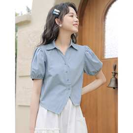 2026夏新款法式甜美不规则泡泡短袖衬衫女设计感小众短款Polo上衣