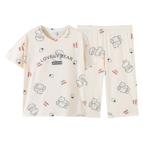 100% Cotton Women's Sleepwear with Built-in Bra Cup, Pure Cotton Summer Thin Round Neck Short Sleeve Seven-Split Pants Summer Homecoming Suit Set