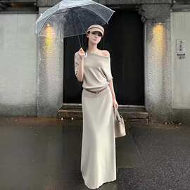 气质斜肩短袖针织T恤上衣女夏季御姐风套装高腰包臀半身裙两件套