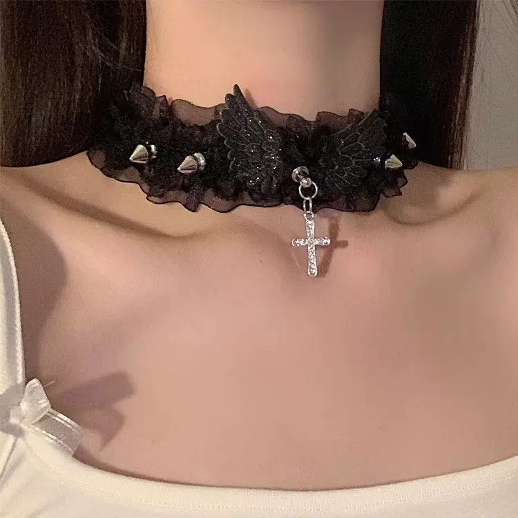 choker朋克天使翅膀十字架铆钉蕾丝项链锁骨链项圈腿环